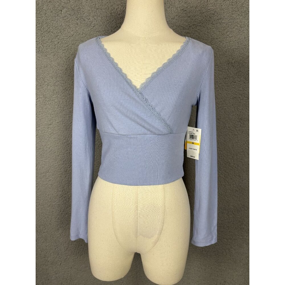 Sugar Moon Women's Juniors' Rib-Knit Surplice Top Blue Size Medium NWT's